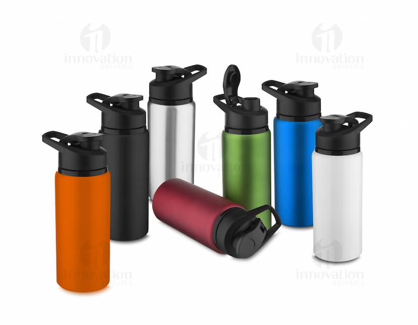 Garrafa em Alumínio de 650ml na cor prata, com tampa rosqueável e design moderno.