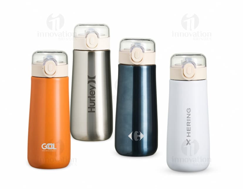 Garrafa Térmica Inox 500ml, com tampa de rosca e design moderno.