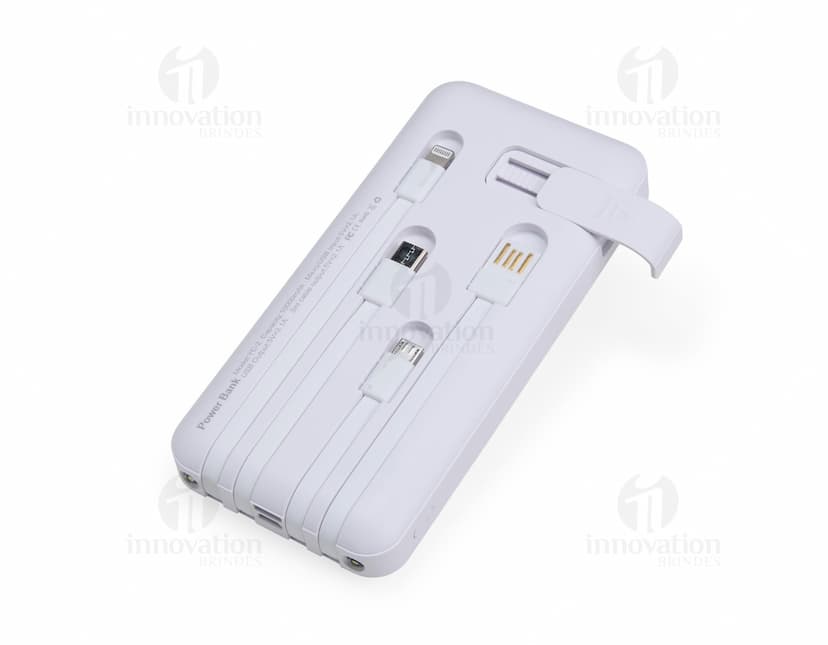 Power Bank 10.000mAh na cor preta, com design slim e acabamento fosco. Acompanha cabo USB para recarga.