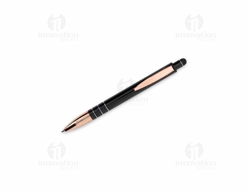 Caneta Metal Touch em tons de prata e preto, com ponta touch screen na parte superior.
