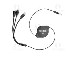 Retractable 3 in 1 USB cable in black and white colors, showcasing the versatility of the product.