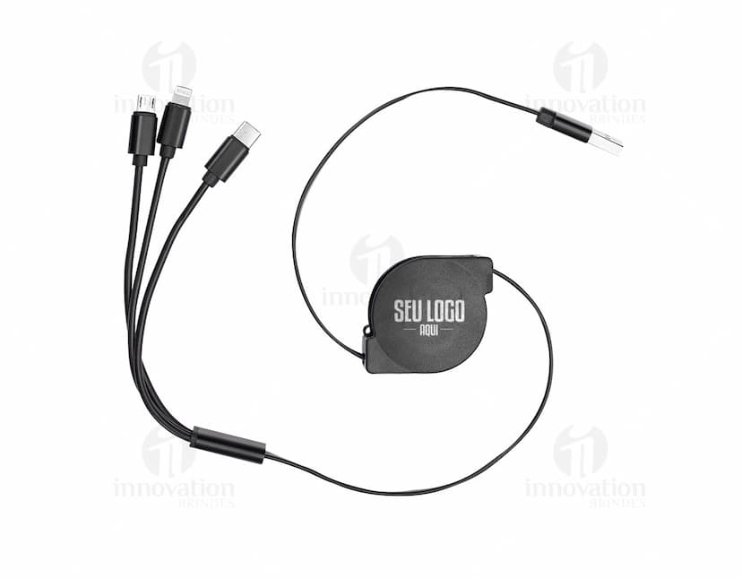 Cabo USB retrátil 3 em 1 em cores preta e branca, mostrando a versatilidade do produto.
