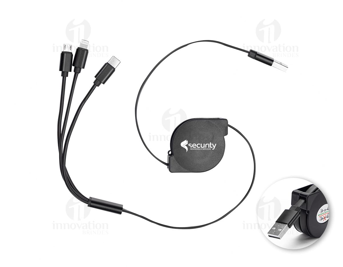 Cabo USB retrátil 3 em 1 em cores preta e branca, mostrando a versatilidade do produto.