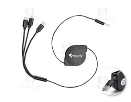 Retractable 3 in 1 USB cable in black and white colors, showcasing the versatility of the product.