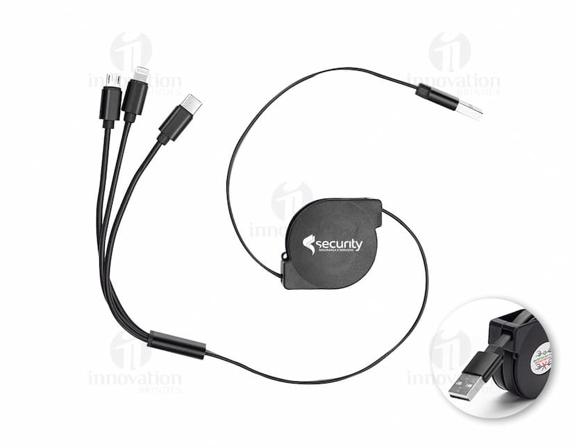 Cabo USB retrátil 3 em 1 em cores preta e branca, mostrando a versatilidade do produto.