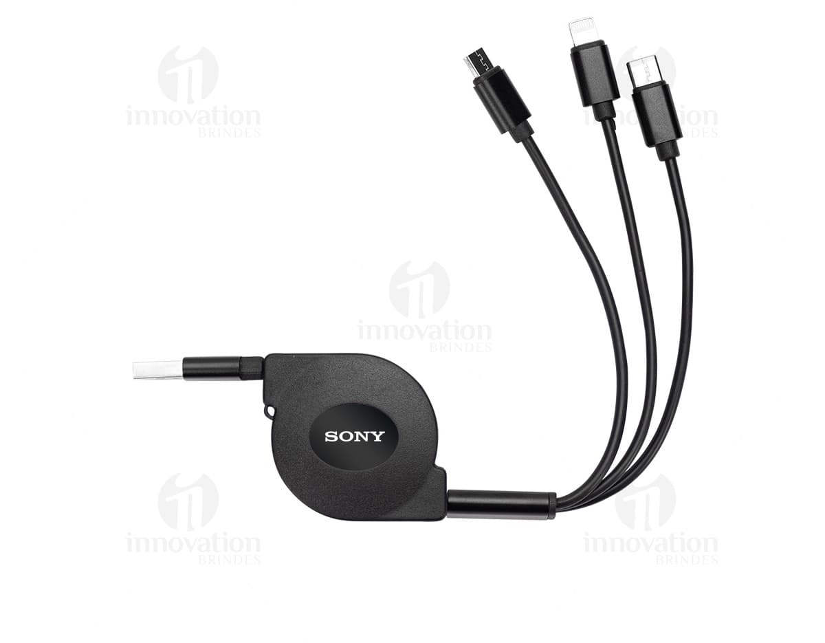 Cabo USB retrátil 3 em 1 em cores preta e branca, mostrando a versatilidade do produto.