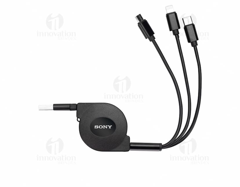 Cabo USB retrátil 3 em 1 em cores preta e branca, mostrando a versatilidade do produto.