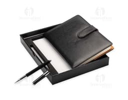 Kit Ejecutivo 2 Piezas: incluye una carpeta de cuero marrón y un bolígrafo de lujo plateado.