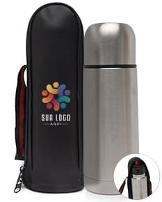 Garrafa térmica em aço inoxidável com capacidade para 350ml em fundo branco.
