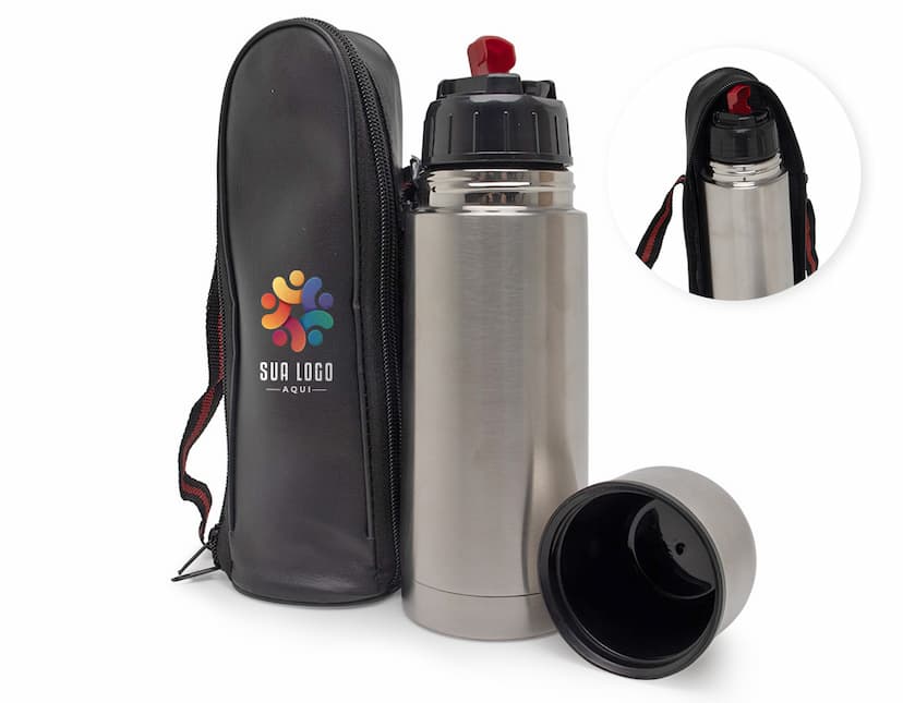 Garrafa térmica em aço inoxidável com capacidade para 350ml em fundo branco.