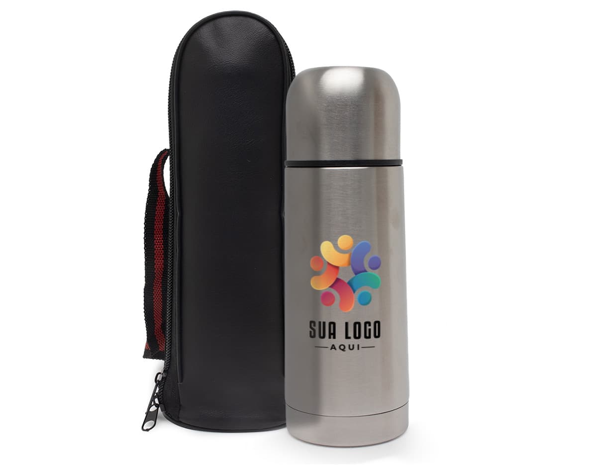Garrafa térmica em aço inoxidável com capacidade para 350ml em fundo branco.