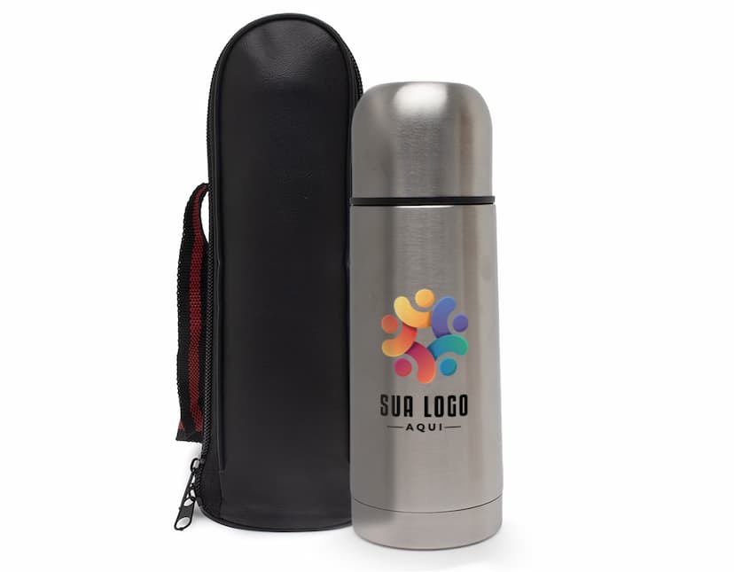 Garrafa térmica em aço inoxidável com capacidade para 350ml em fundo branco.