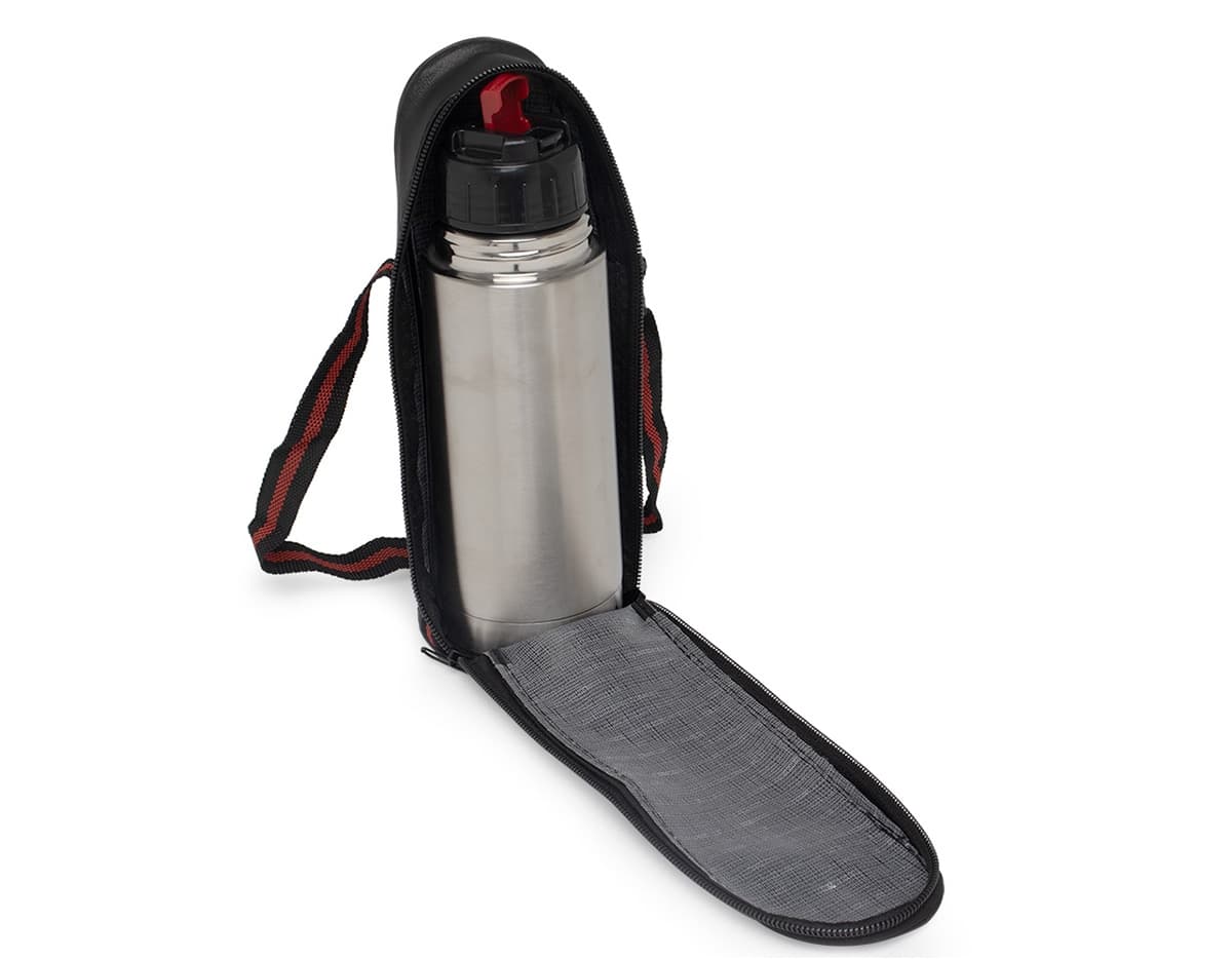 Garrafa térmica em aço inoxidável com capacidade para 350ml em fundo branco.