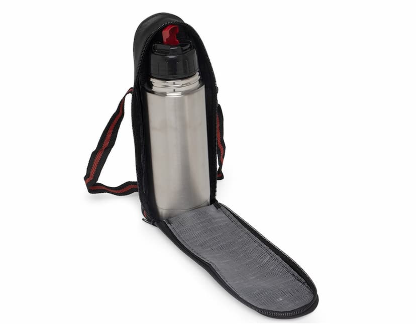 Garrafa térmica em aço inoxidável com capacidade para 350ml em fundo branco.