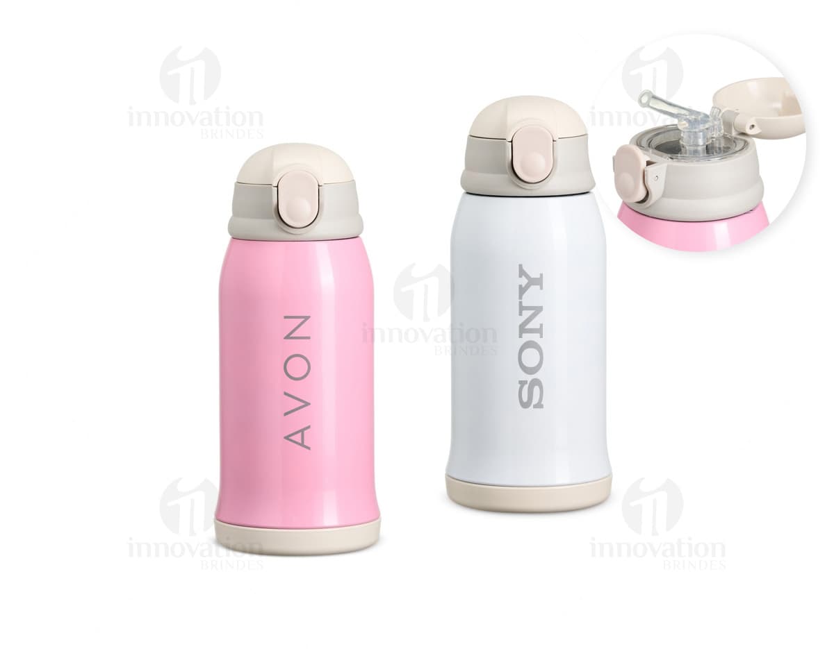 Garrafa térmica de 550ml em aço inoxidável com tampa rosqueável e design moderno.
