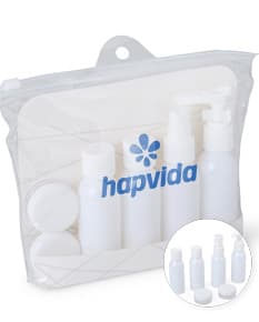 Kit viagem plástico 6 peças em diferentes tamanhos e cores.