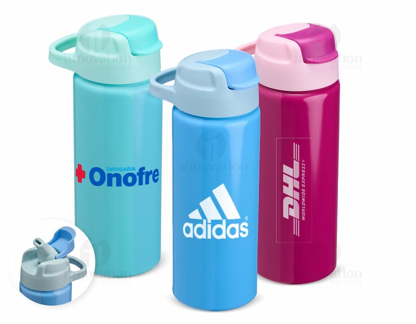 Squeeze de Alumínio 600ml na cor prata com tampa rosqueável e design moderno.