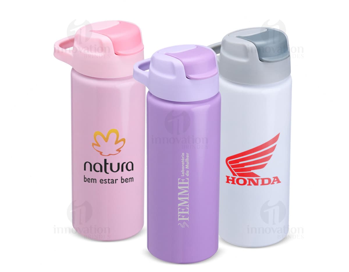 Squeeze de Alumínio 600ml na cor prata com tampa rosqueável e design moderno.