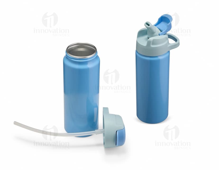 Squeeze de Alumínio 600ml na cor prata com tampa rosqueável e design moderno.