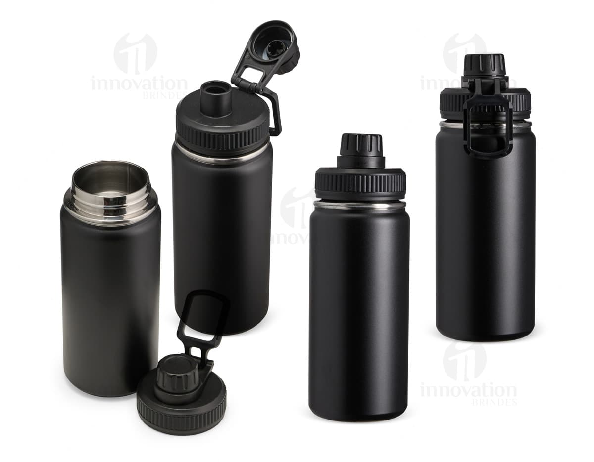 Garrafa térmica em aço inoxidável de 550ml de capacidade.