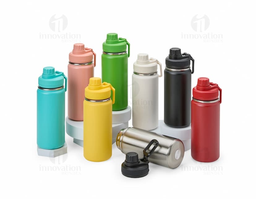 Garrafa térmica em aço inoxidável de 550ml de capacidade.