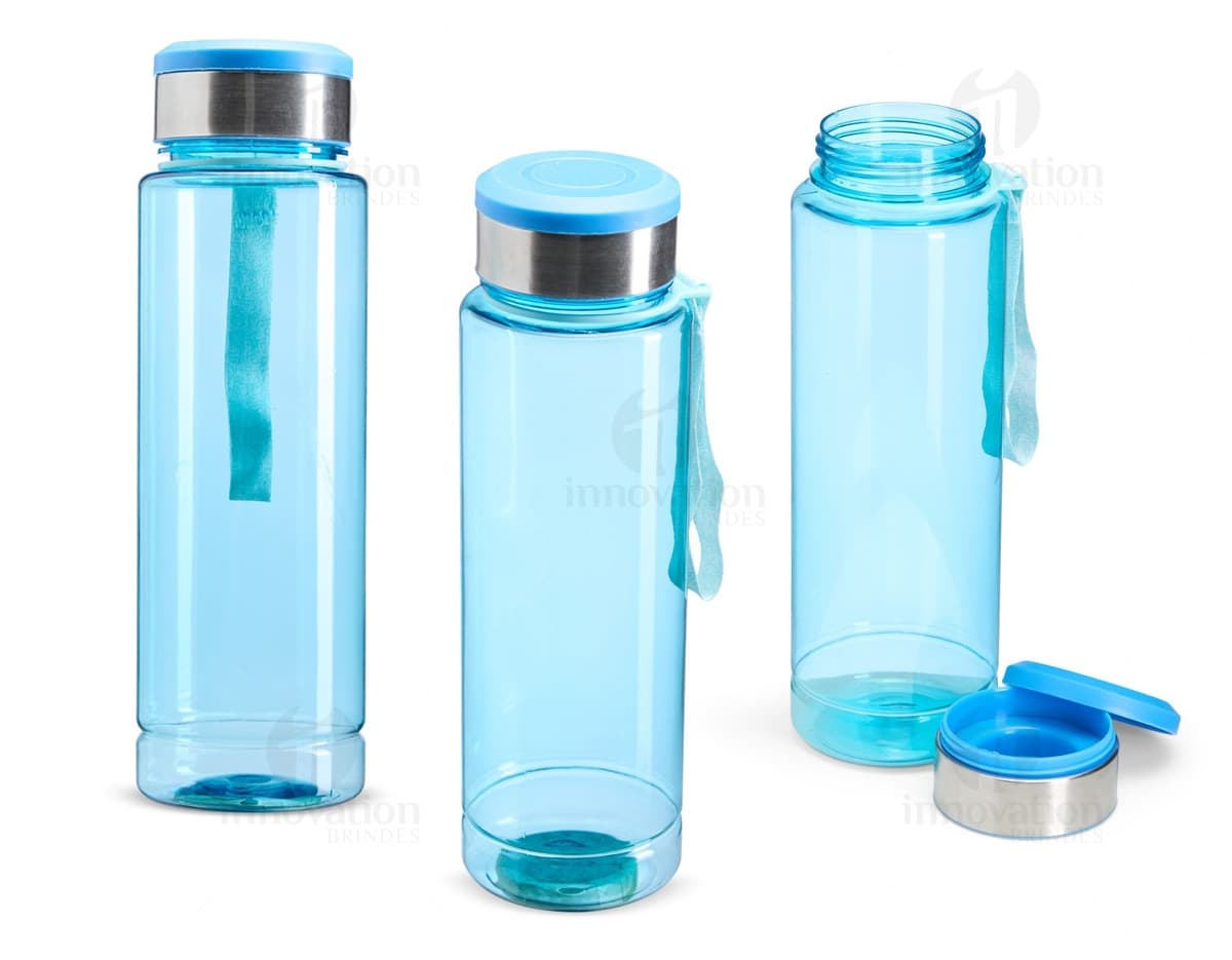 Garrafa plástica transparente com capacidade de 950ml e com compartimento para armazenar comprimidos integrado à tampa.