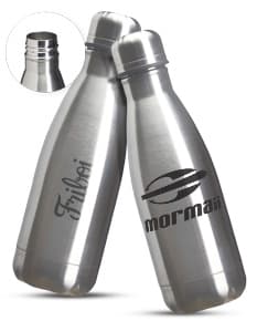 Garrafa térmica de 350ml na cor verde, feita de aço inoxidável com tampa de rosca.
