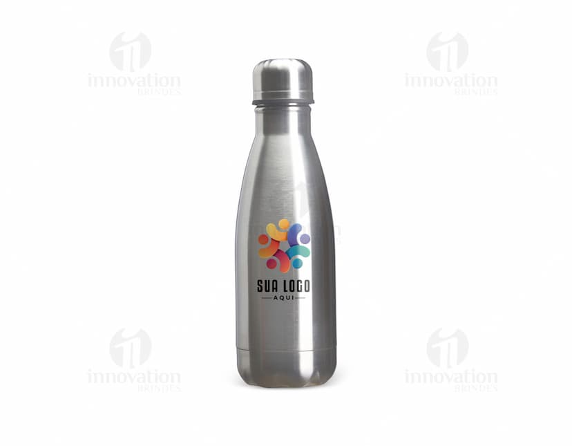 Garrafa térmica de 350ml na cor verde, feita de aço inoxidável com tampa de rosca.