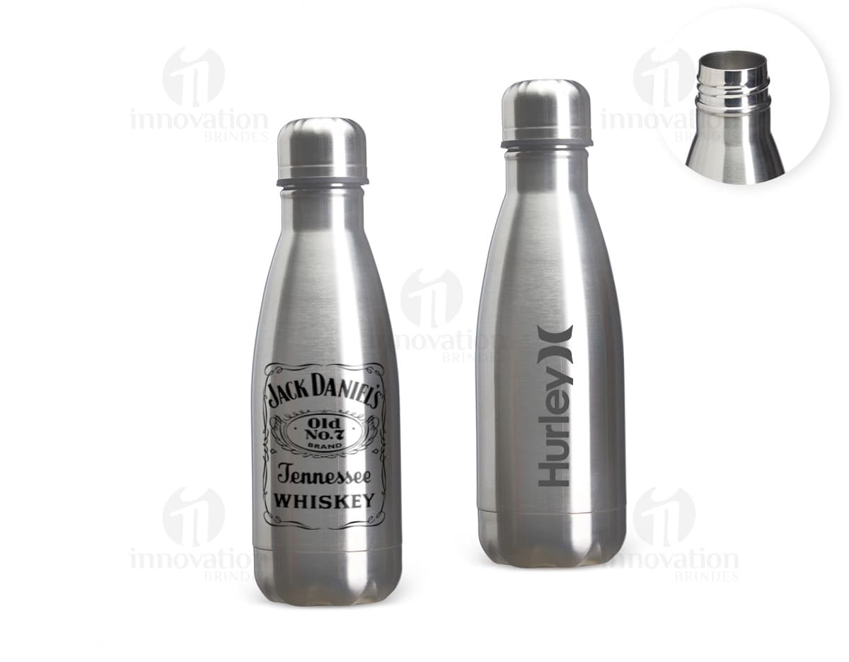 Garrafa térmica de 350ml na cor verde, feita de aço inoxidável com tampa de rosca.