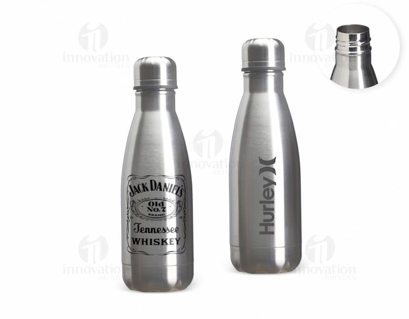 Garrafa térmica de 350ml na cor verde, feita de aço inoxidável com tampa de rosca.