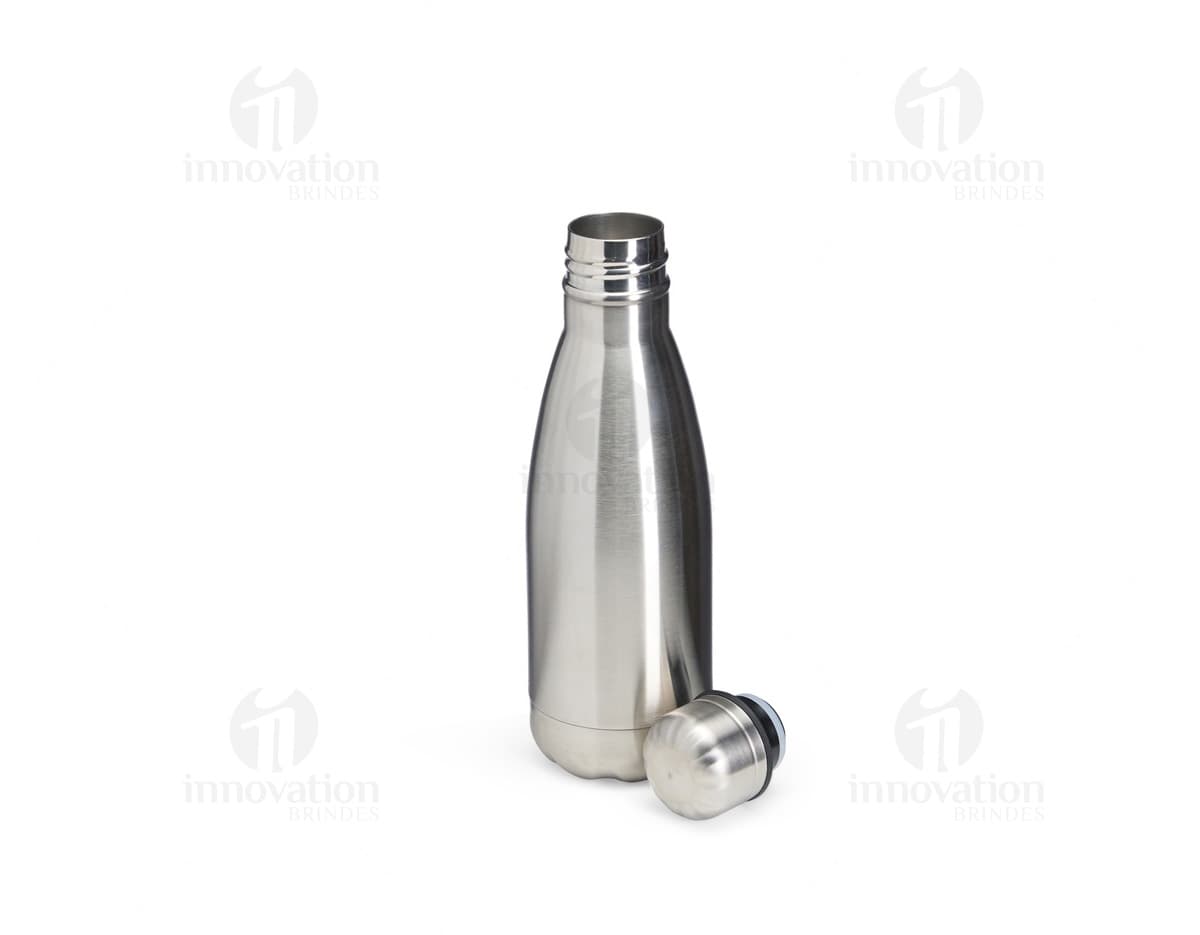 Garrafa térmica de 350ml na cor verde, feita de aço inoxidável com tampa de rosca.
