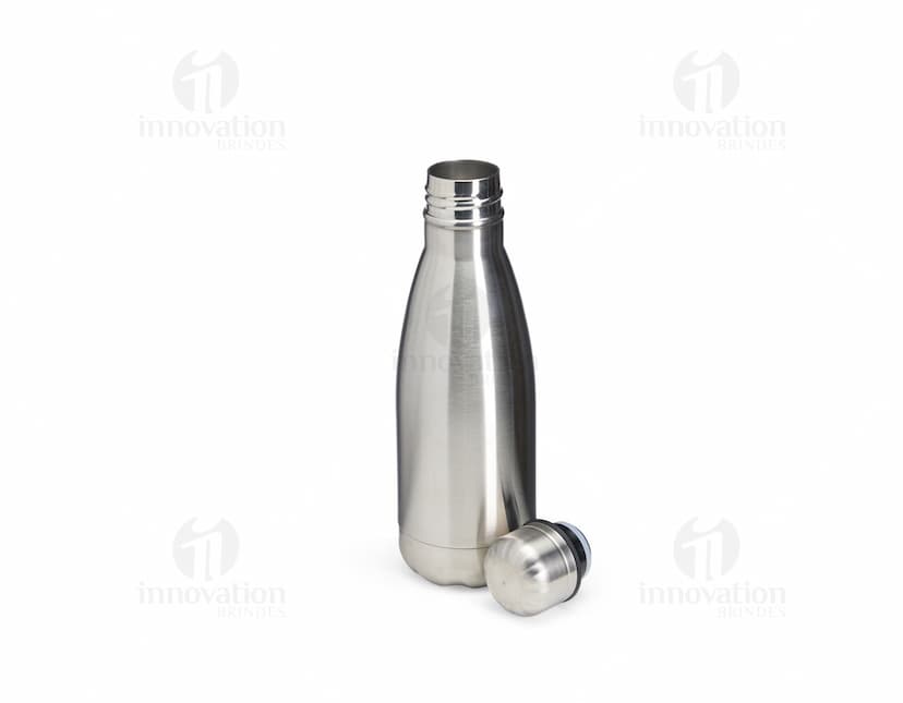 Garrafa térmica de 350ml na cor verde, feita de aço inoxidável com tampa de rosca.