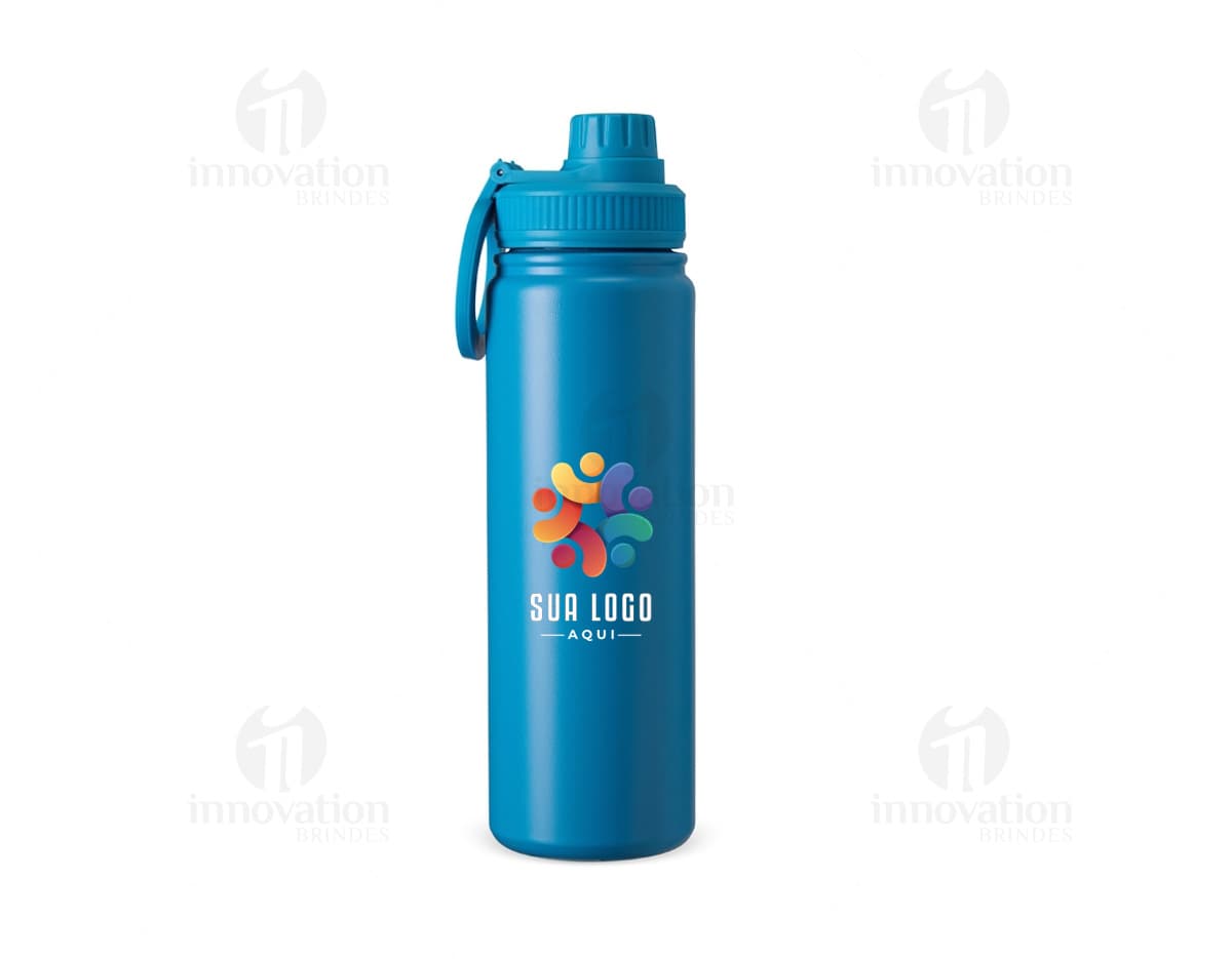 Garrafa térmica de aço inoxidável com capacidade de 750ml.