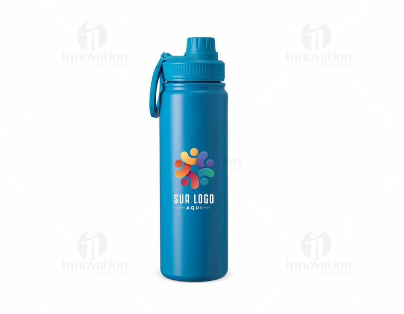 Garrafa térmica de aço inoxidável com capacidade de 750ml.