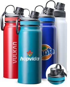 Garrafa Térmica 650ml de cor prata, com tampa rosqueável e alça para transporte.