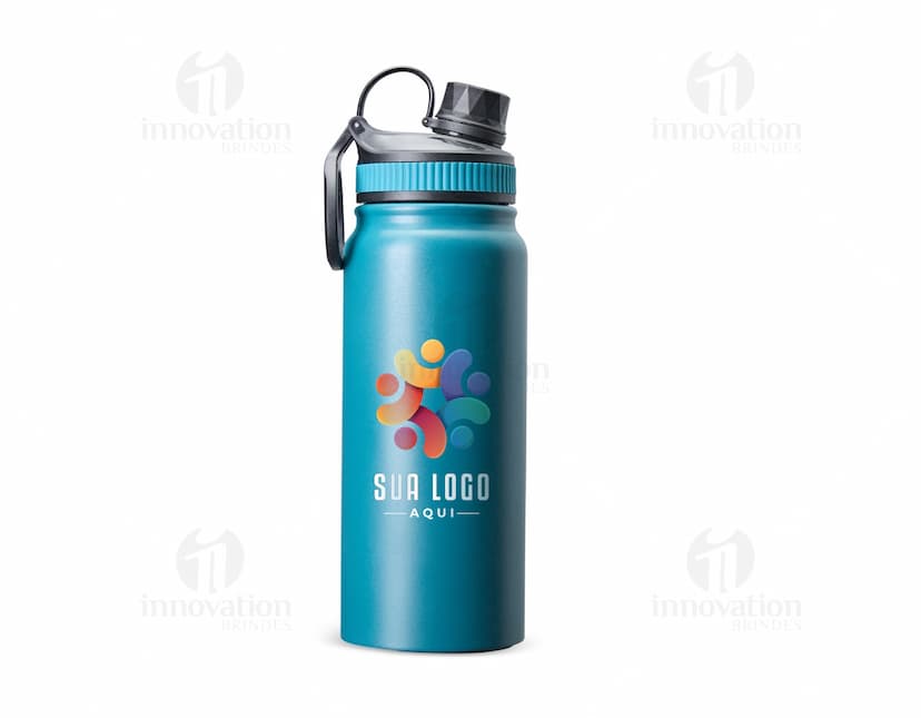 Garrafa Térmica 650ml de cor prata, com tampa rosqueável e alça para transporte.