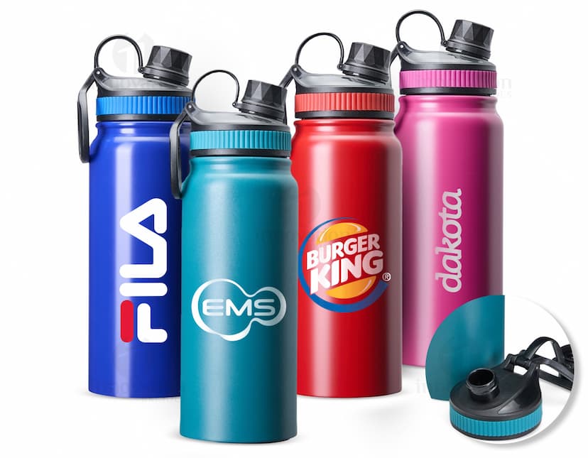Garrafa Térmica 650ml de cor prata, com tampa rosqueável e alça para transporte.
