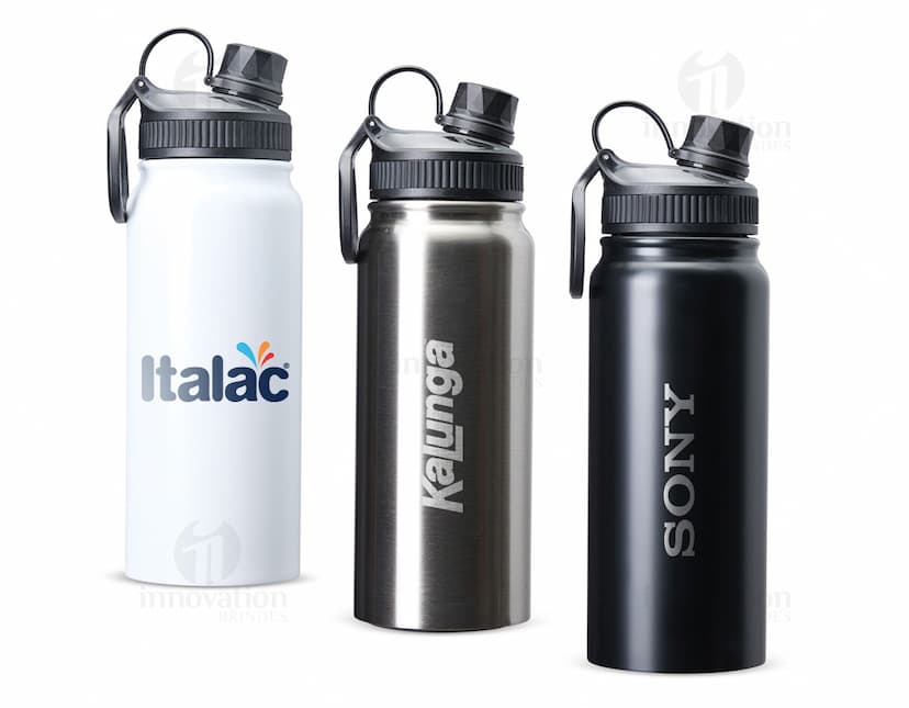 Garrafa Térmica 650ml de cor prata, com tampa rosqueável e alça para transporte.