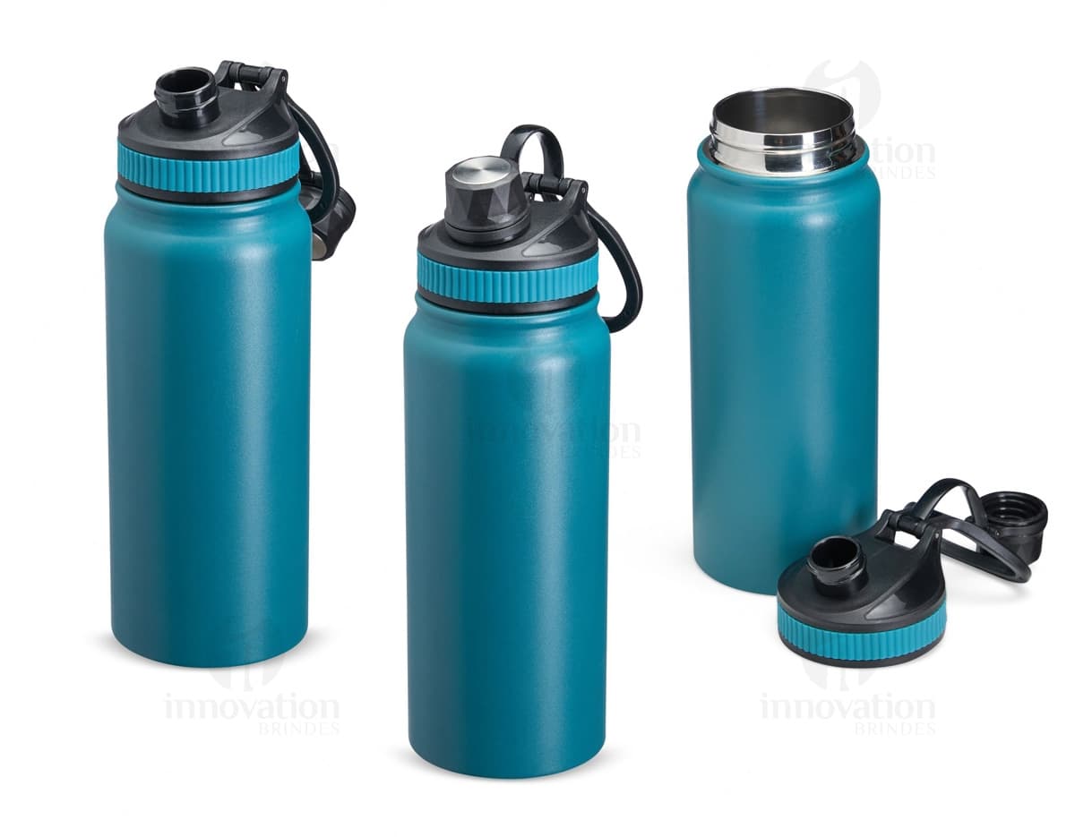Garrafa Térmica 650ml de cor prata, com tampa rosqueável e alça para transporte.