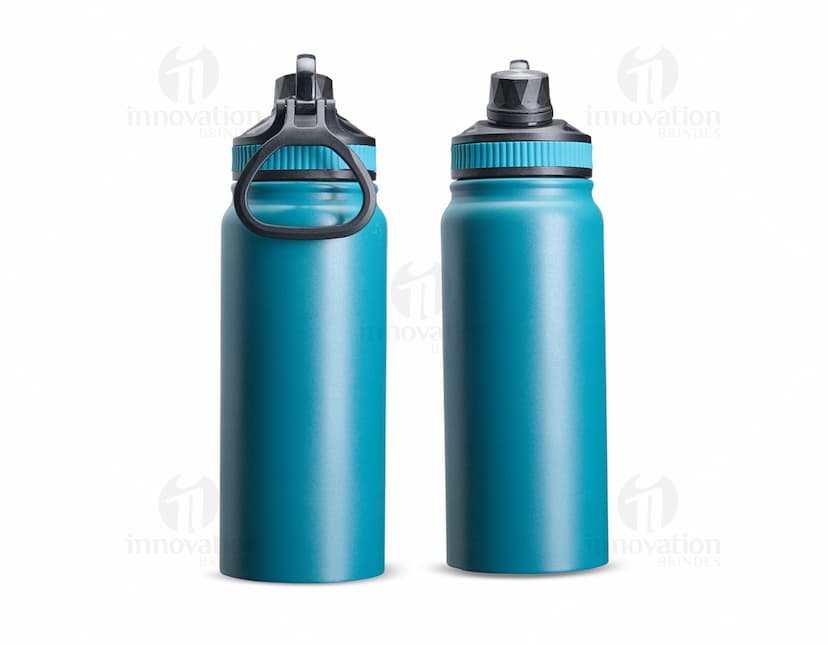 Garrafa Térmica 650ml de cor prata, com tampa rosqueável e alça para transporte.