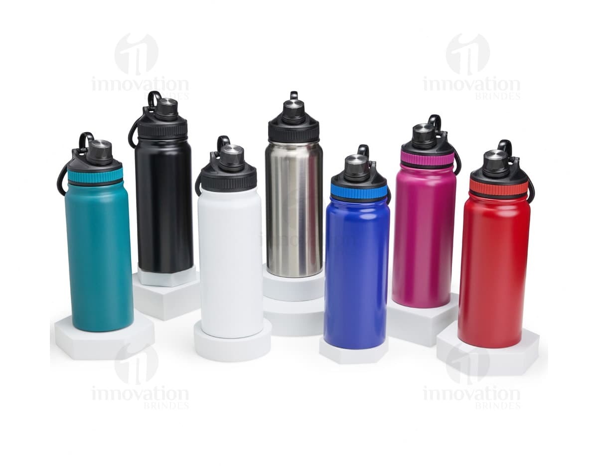 Garrafa Térmica 650ml de cor prata, com tampa rosqueável e alça para transporte.