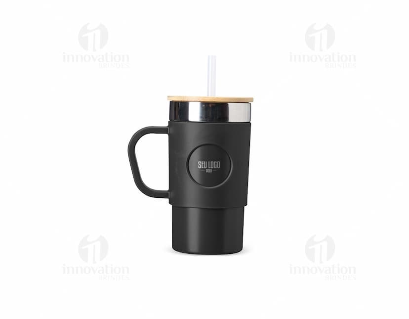 Caneca térmica 400ml de cor preta, com tampa de rosca e alça para segurar.