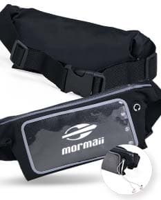 Pochete esportiva lycra preta de couro para transporte de objetos durante atividades esportivas, feita de material resistente e prática para guardar objetos pequenos.