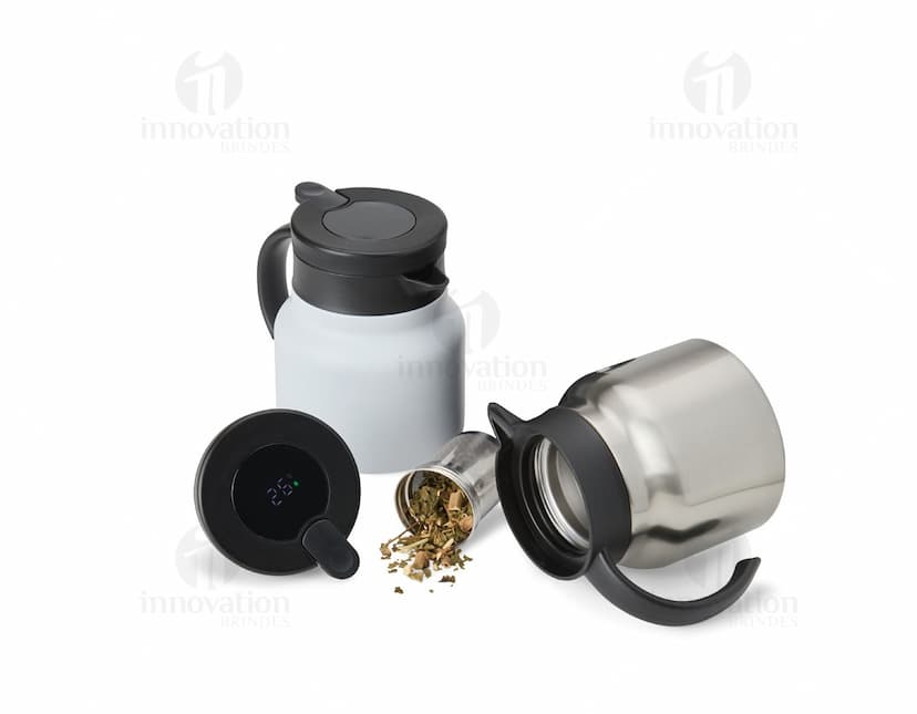 Chaleira TermoLED 750 em aço inoxidável com design moderno e LED indicador de temperatura integrado.