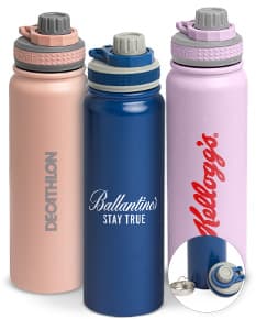 Garrafa Térmica 850ml em aço inoxidável na cor prata, com tampa rosqueável e alça para transporte.