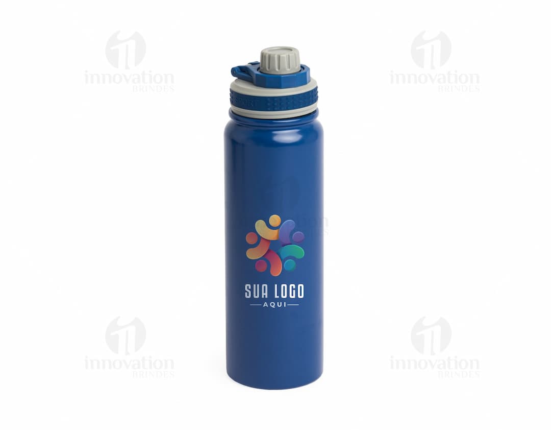 Garrafa Térmica 850ml em aço inoxidável na cor prata, com tampa rosqueável e alça para transporte.