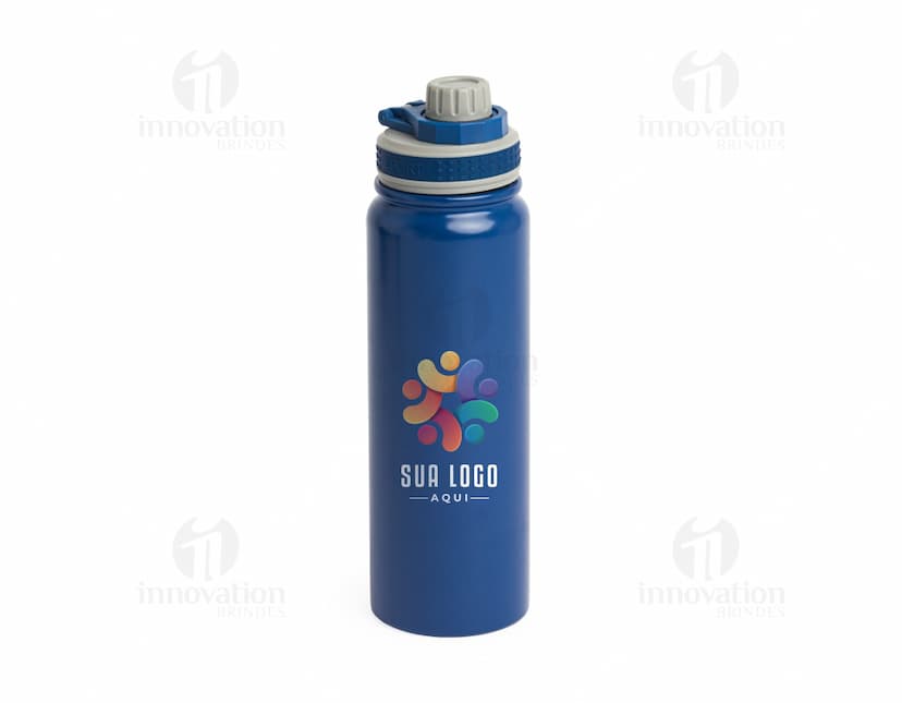 Garrafa Térmica 850ml em aço inoxidável na cor prata, com tampa rosqueável e alça para transporte.