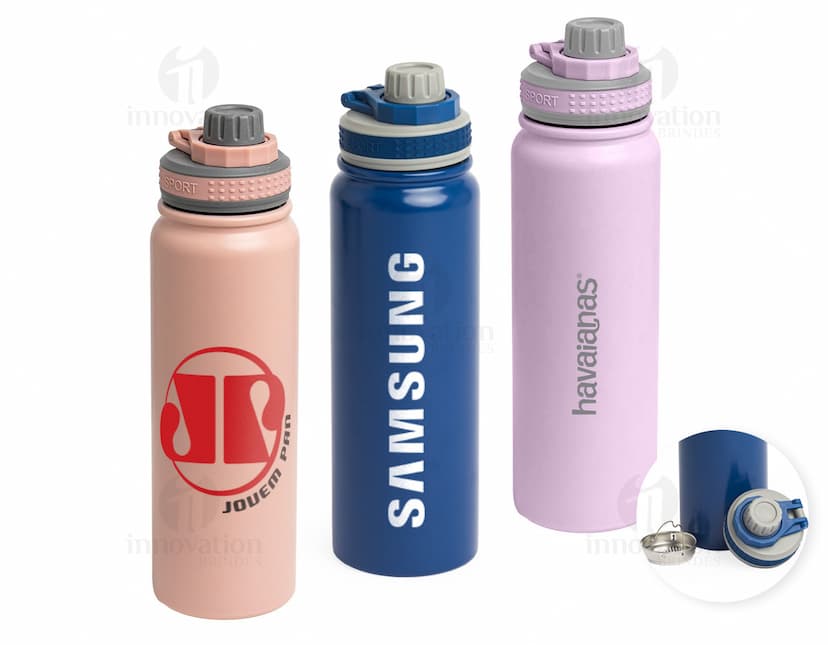 Garrafa Térmica 850ml em aço inoxidável na cor prata, com tampa rosqueável e alça para transporte.