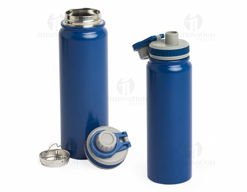 Garrafa Térmica 850ml em aço inoxidável na cor prata, com tampa rosqueável e alça para transporte.