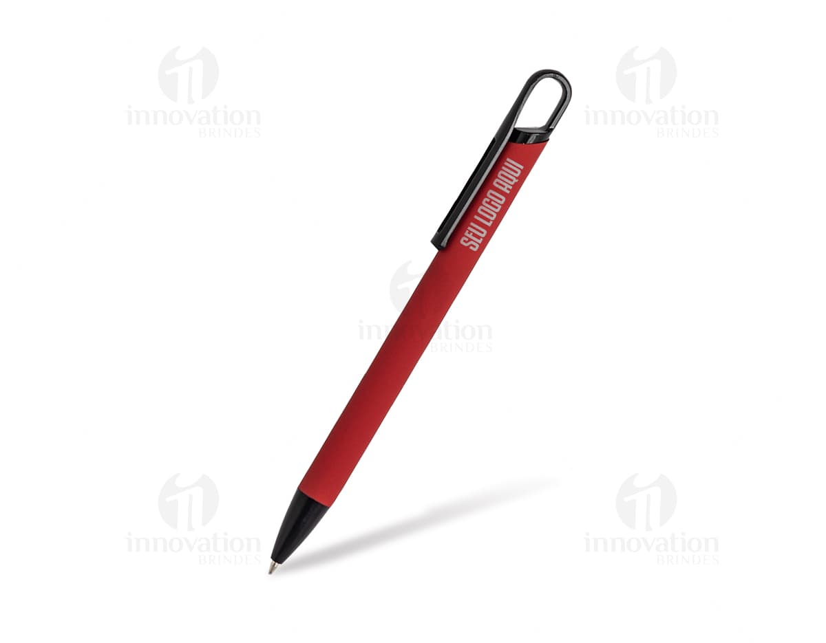 Caneta Metal Touch em tom de prata com ponta touch screen e detalhes em preto.